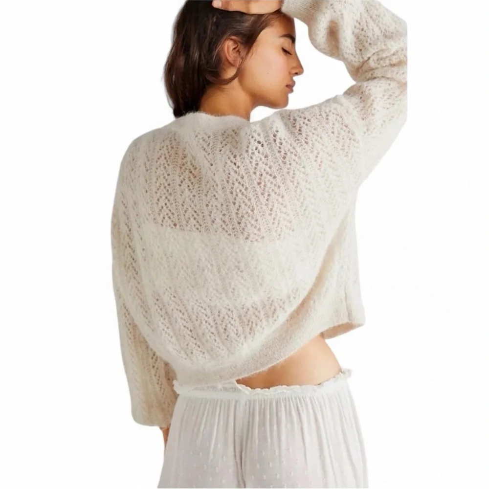 Free People Amelia Alpaca Pointelle Cardigan Oatmeal Heather L NWT